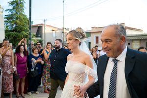 A series of wedding celebration photos showing guests mingling and dancing at an outdoor reception.