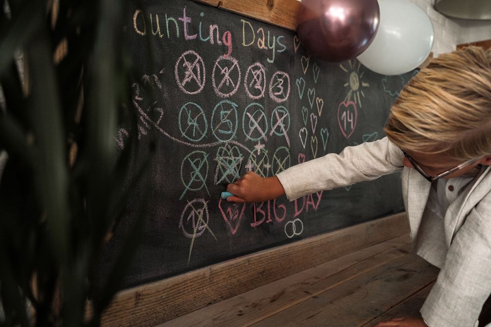 A close-up shot of a chalkboard wall with hand-drawn symbols and text in white chalk.