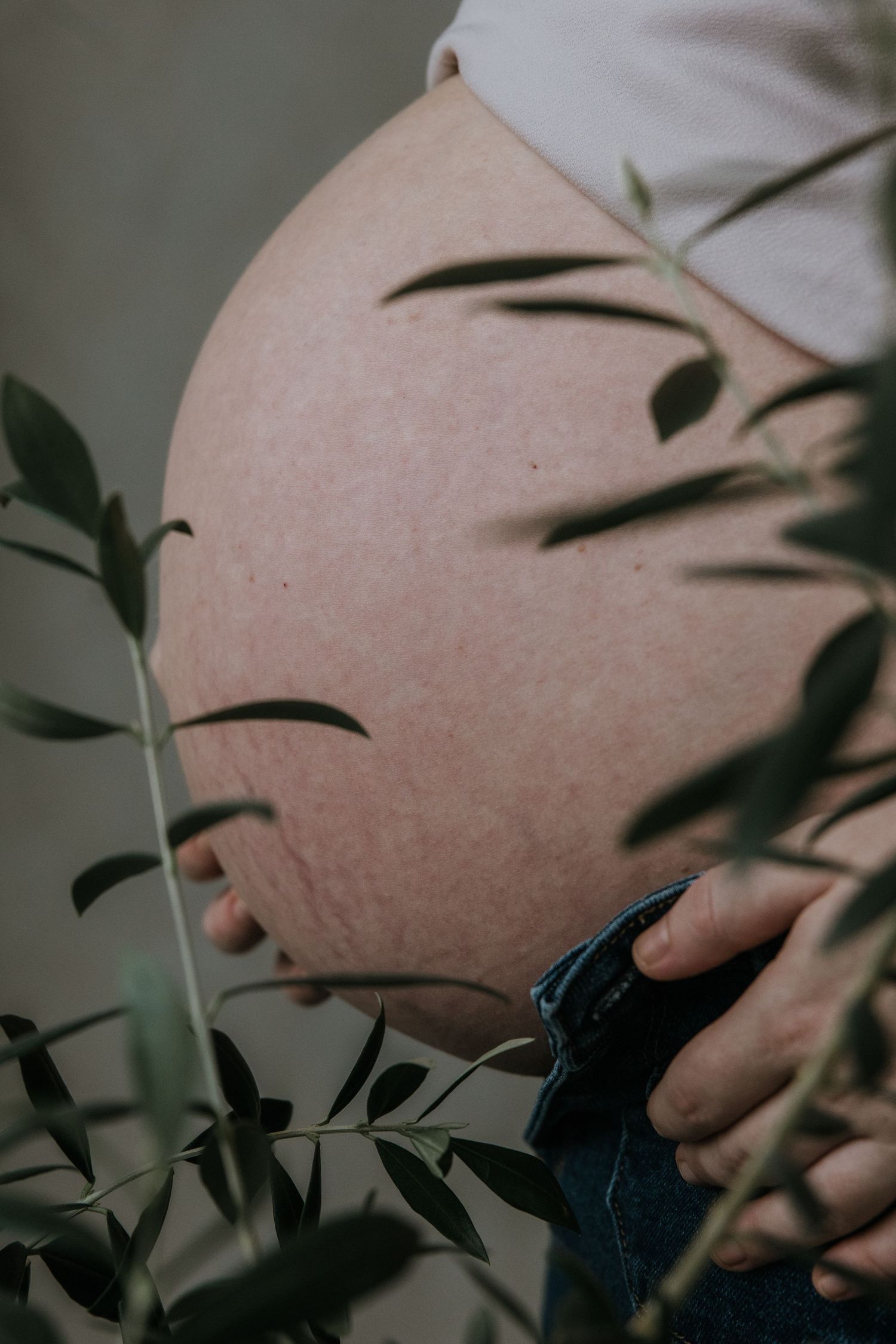 Artistic pregnancy photography showing silhouettes of leaves casting shadows across a pregnant belly.