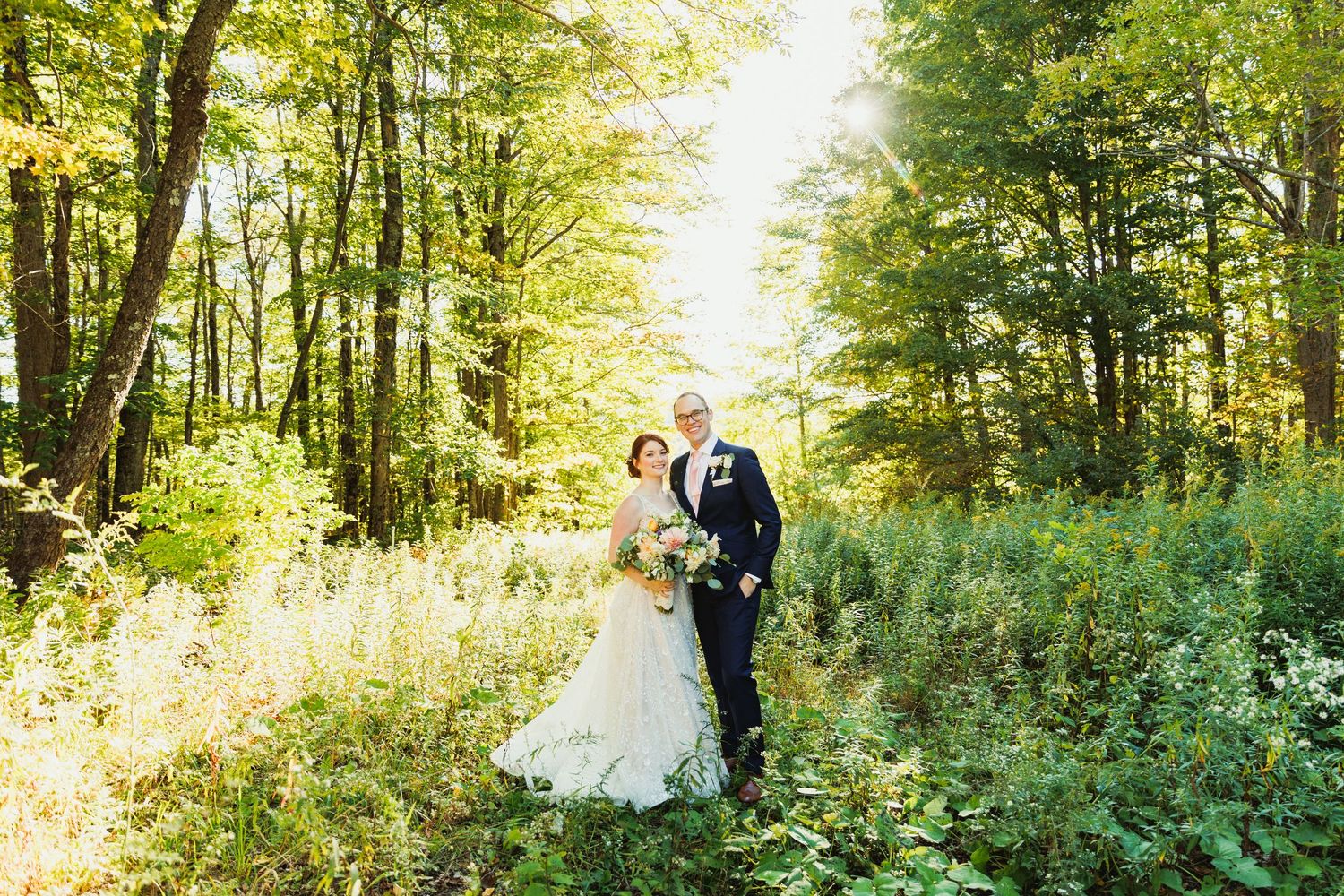 Wedding photography sequence showing couple in woodland setting with natural sunlight.