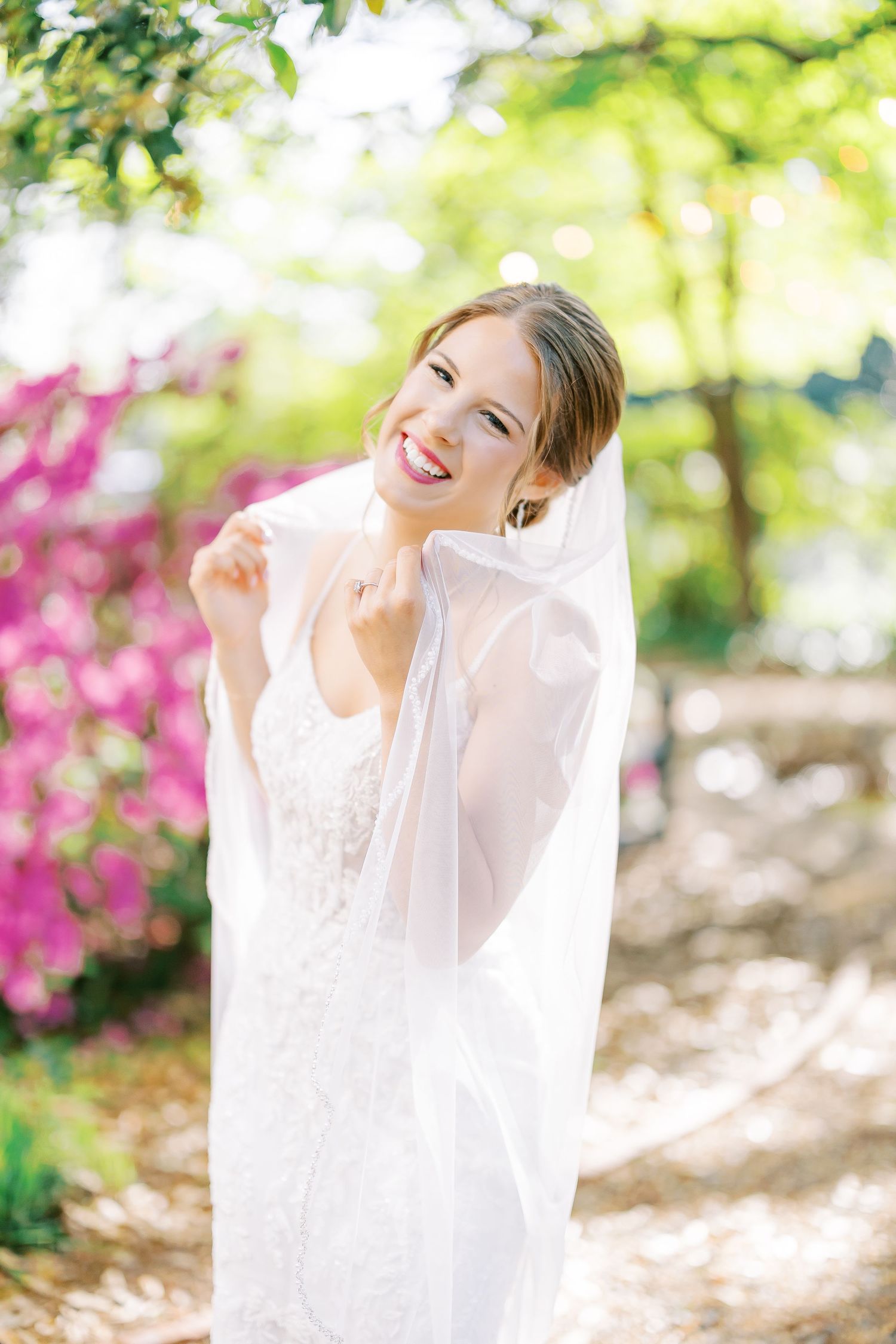 A series of outdoor bridal portraits showing flowing white dress against a backdrop of pink azalea flowers and greenery.