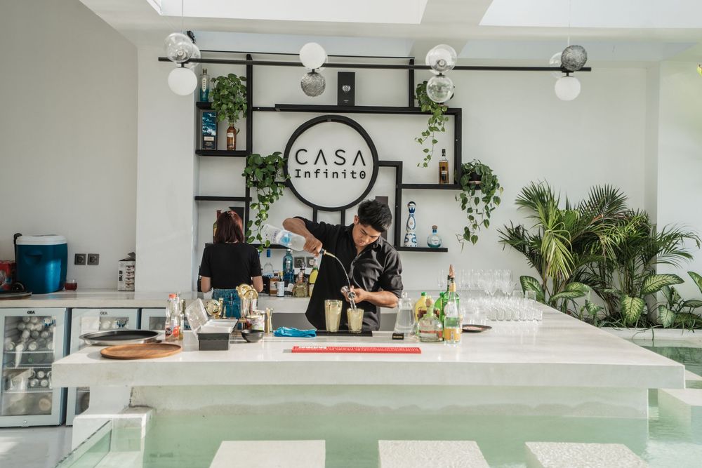 Modern white kitchen interior with marble countertops, plants and natural lighting showcases clean minimalist design.