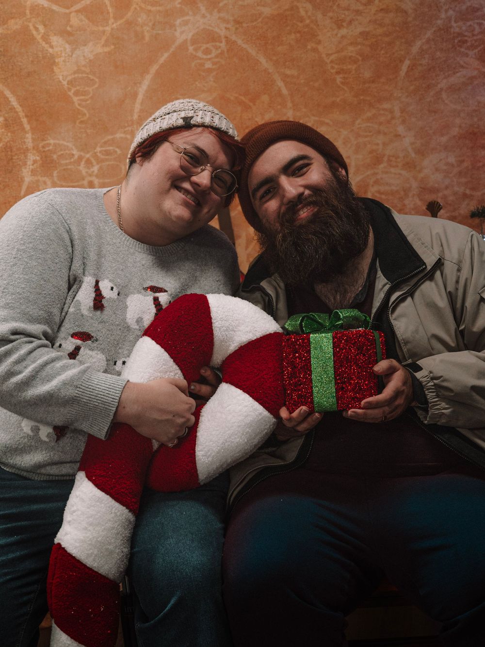 Cozy holiday scene with Christmas decorations and a wrapped present.