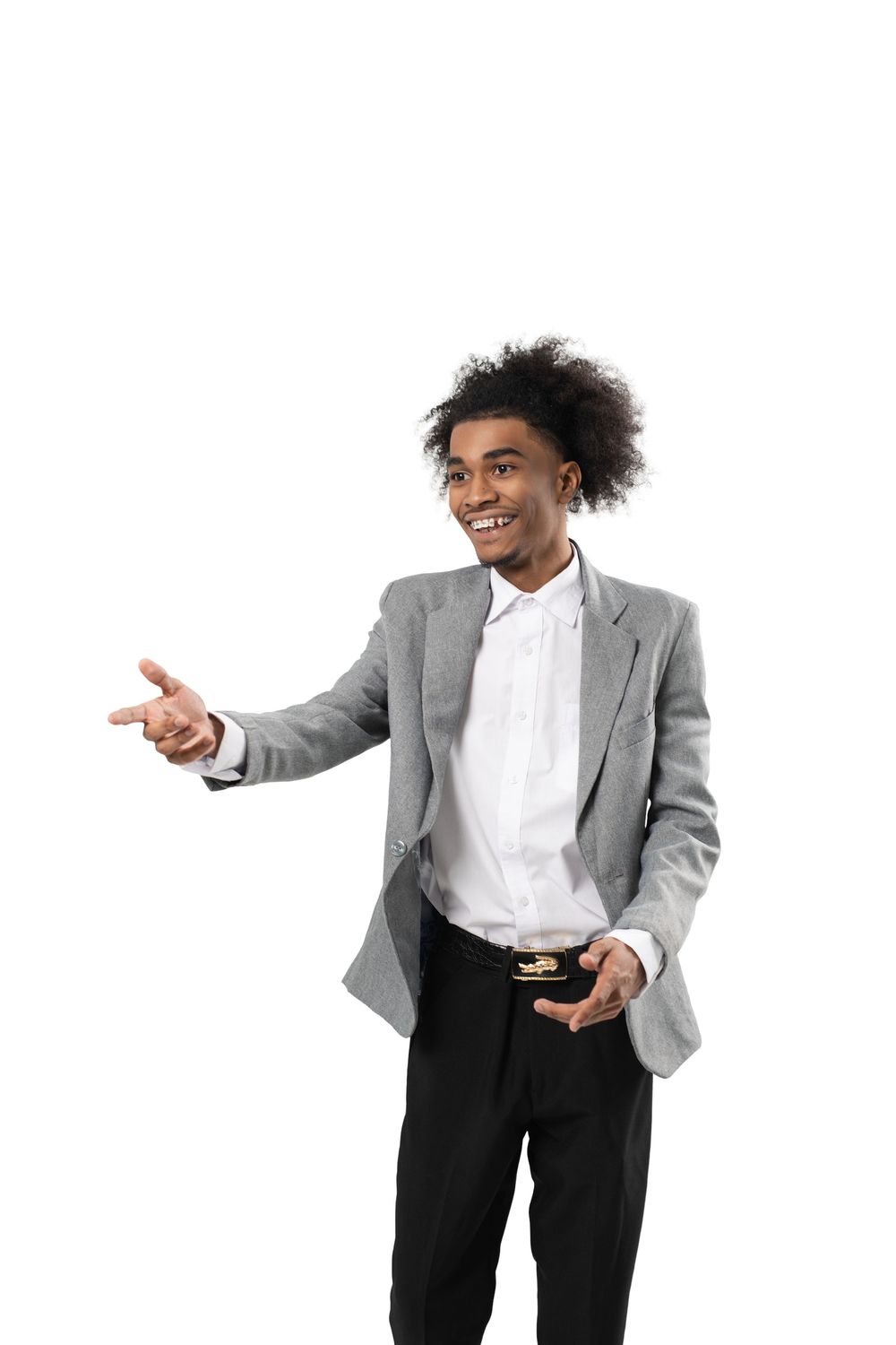 Person in a gray blazer and black pants poses playfully in three dynamic poses against a white background.