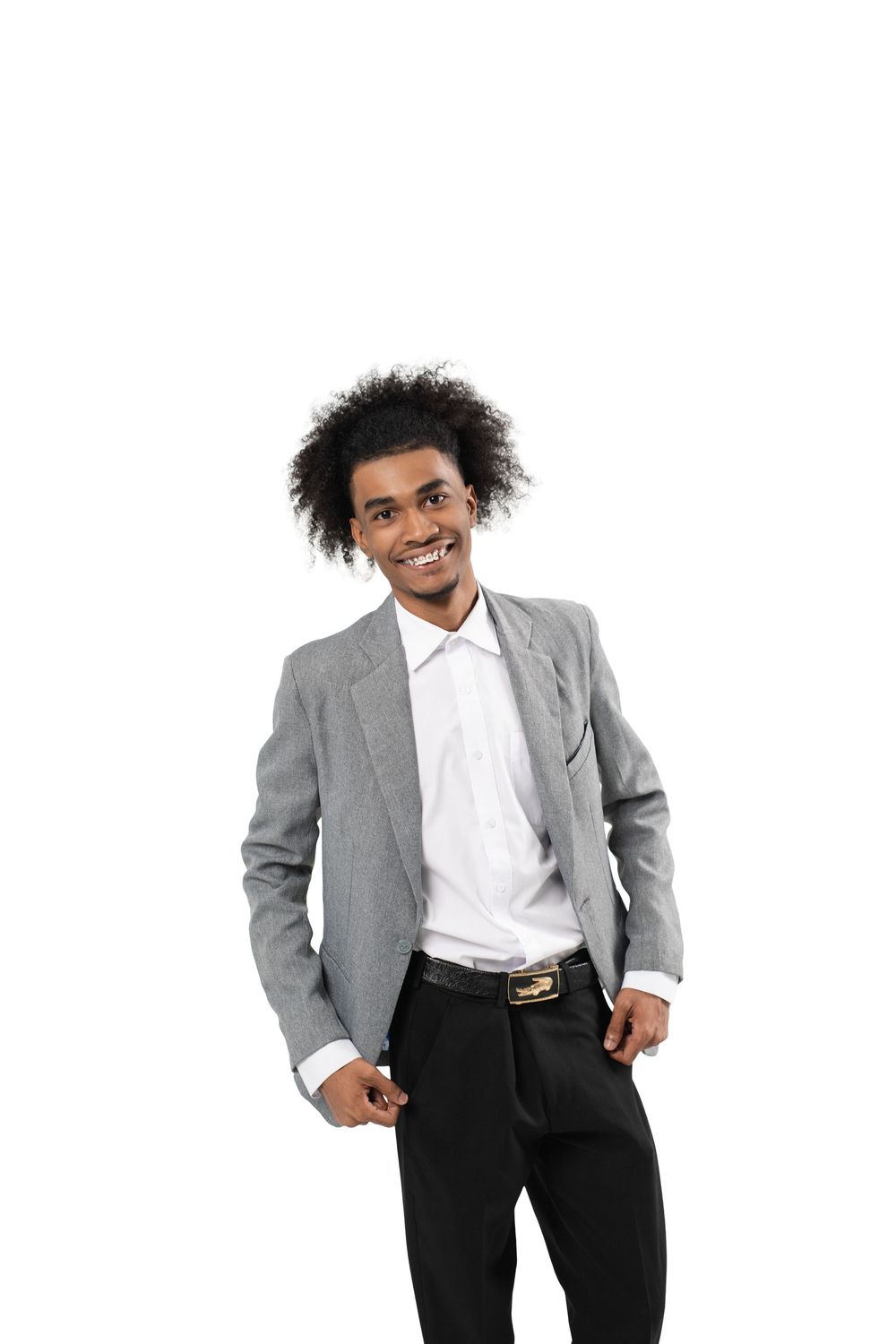 Person in a gray blazer and white shirt strikes dynamic poses against white background.
