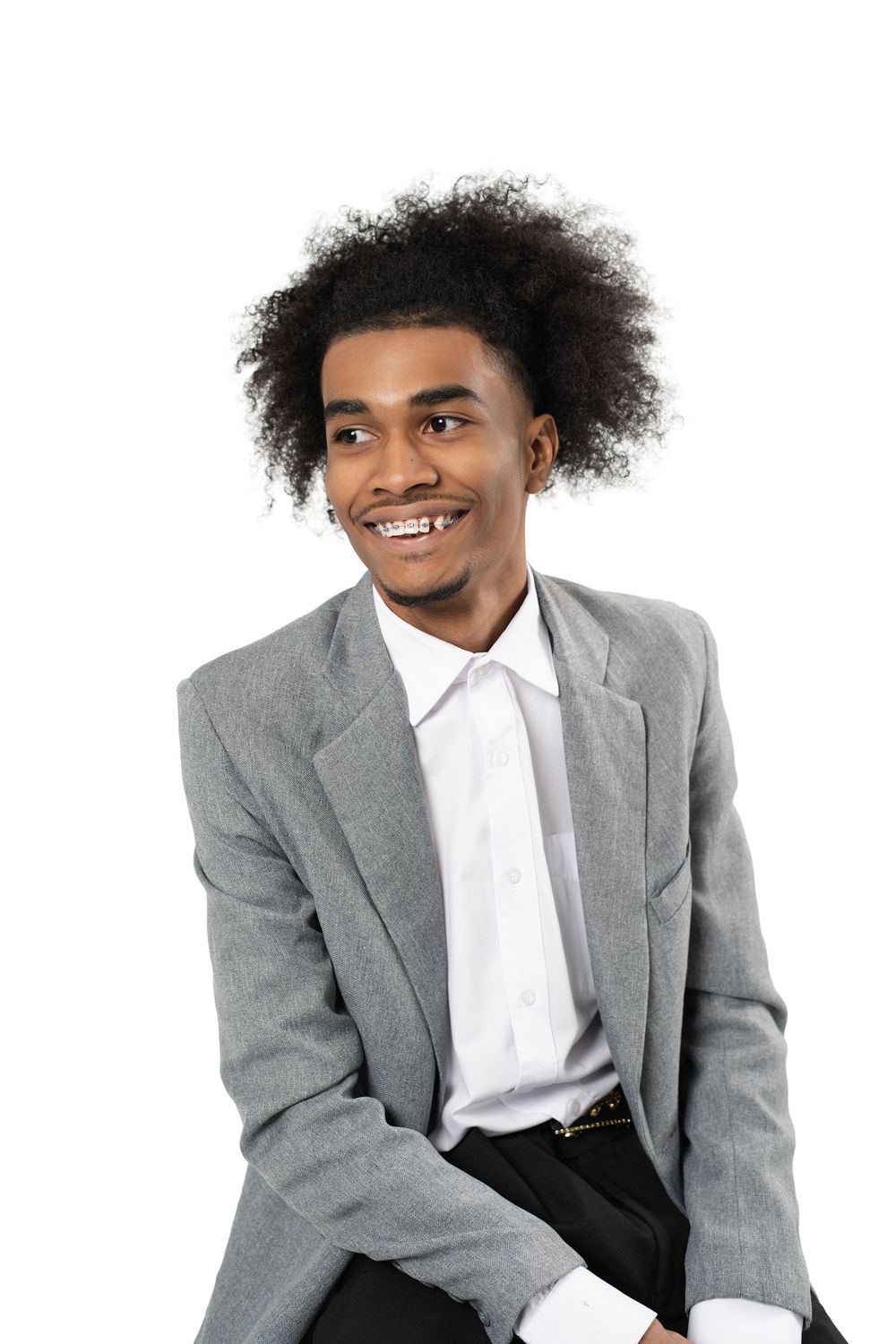 Professional portrait series showing a person in a gray suit and white shirt striking different casual poses against white background.