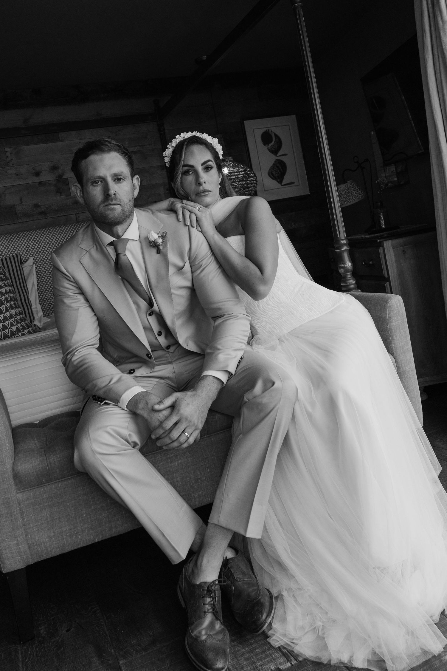 Editorial styled couple portraits in the penthouse at Gara Rock hotel