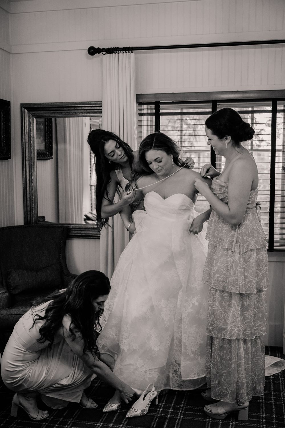 Black and white photos show preparations before a wedding ceremony.