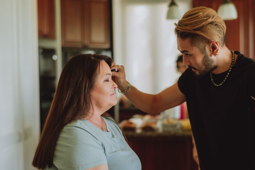 Wedding preparation scene with styling tools and products.