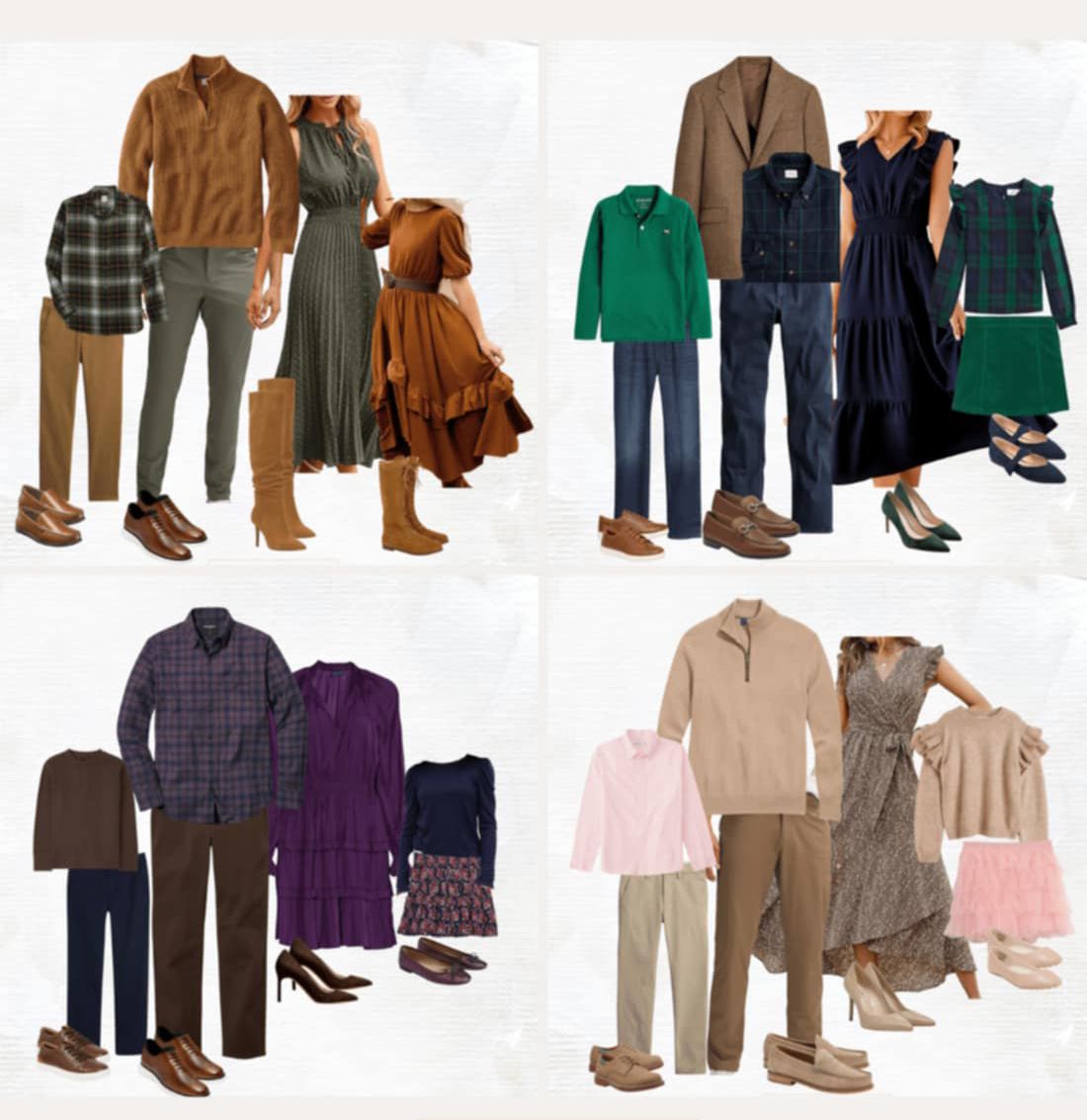 Fashion collage showing coordinated casual outfits with jeans, sweaters, and boots in earth tones and neutrals.