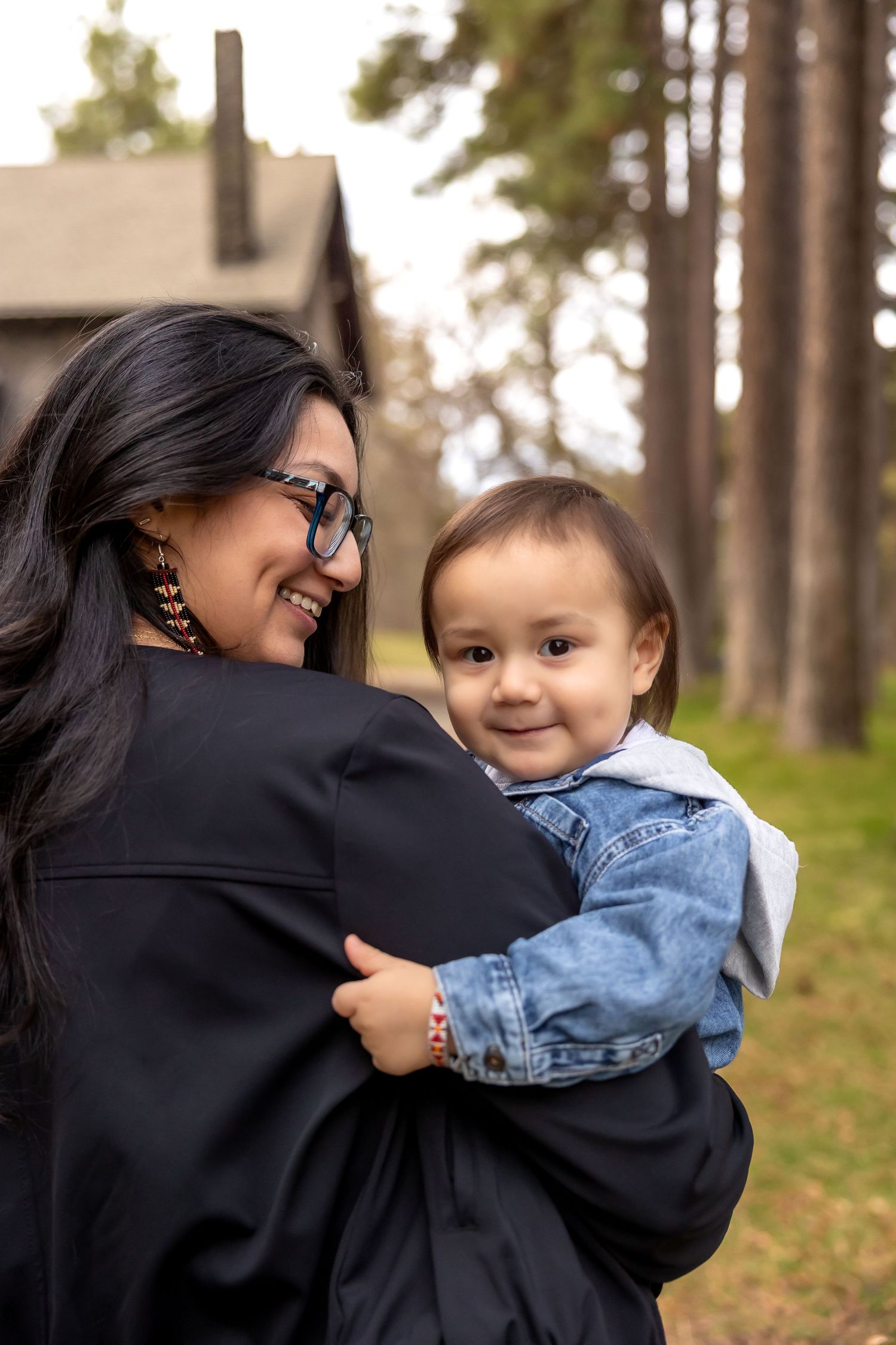 A heartwarming sequence of photos showing a parent and child embracing and playing together in a forest setting.