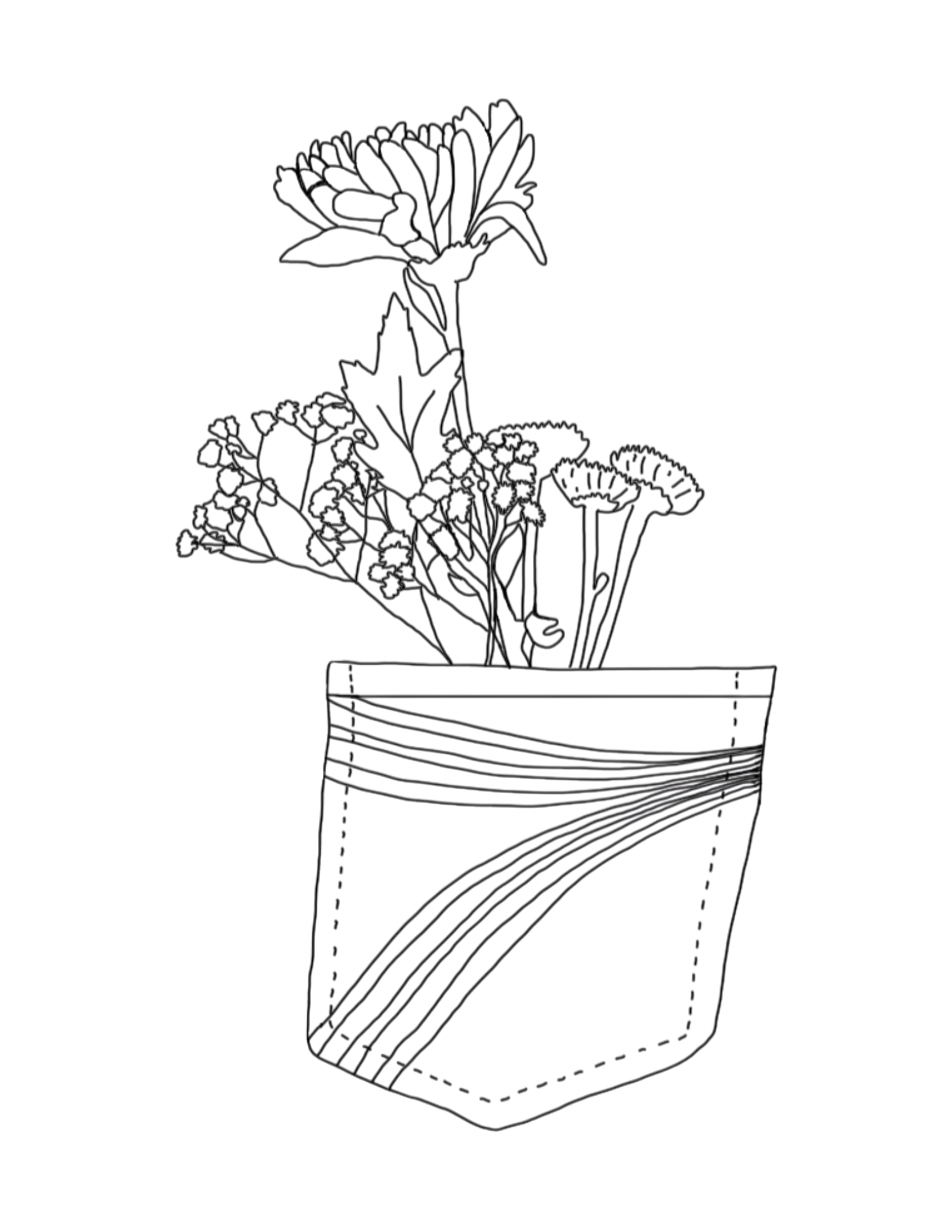 Simple line drawings show four pocket designs with flowers sprouting from denim pockets in a minimalist sketch style.