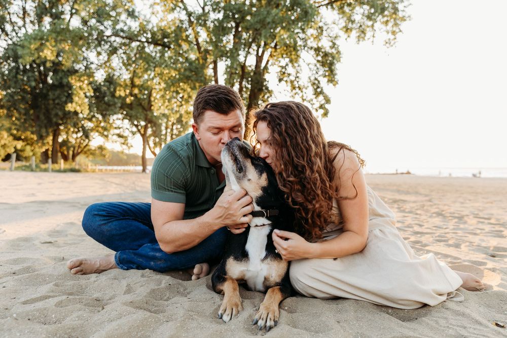 A couple in wedding attire shares tender moments with their dog on a sandy beach at sunset.