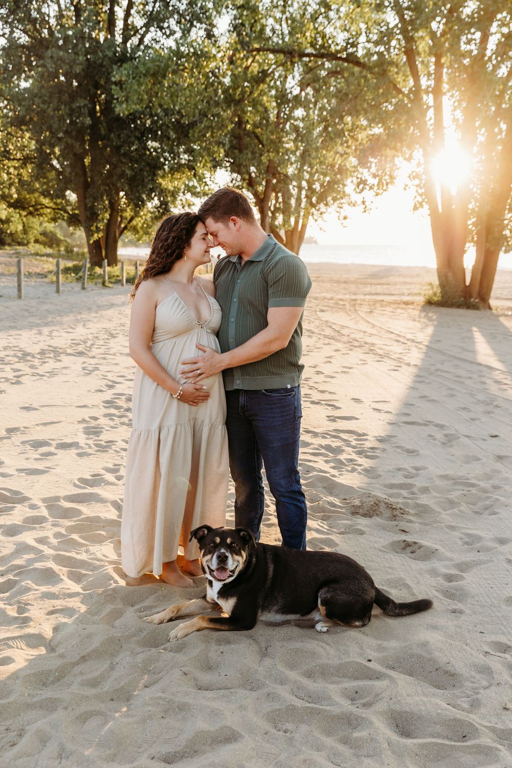 A romantic couple poses with their dog on a sandy beach during golden hour as sunlight filters through trees. Cleveland Maternity Photograph