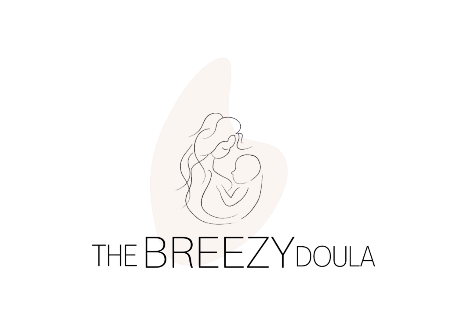 A minimalist black and white logo design featuring the text 'THE BREEZY DOULA' with a simple line drawing of a mother and baby.