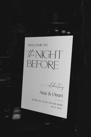 Black and white wedding welcome signs displayed in elegant typography against dark backgrounds.