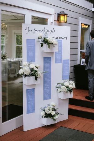 Wedding seating chart display with white floral arrangements and blue text panels mounted on white boards.