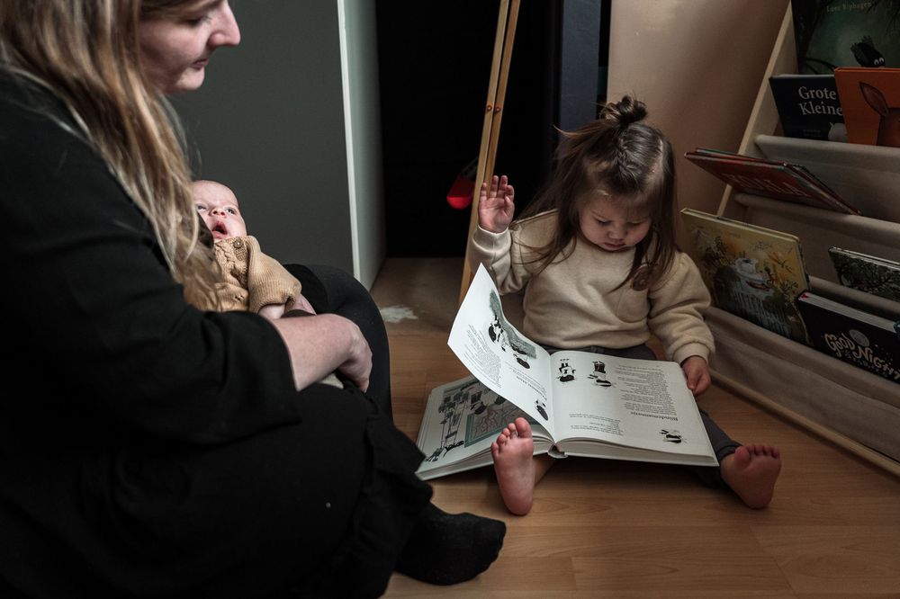 A series of candid shots showing a parent and child bonding while reading together at home.