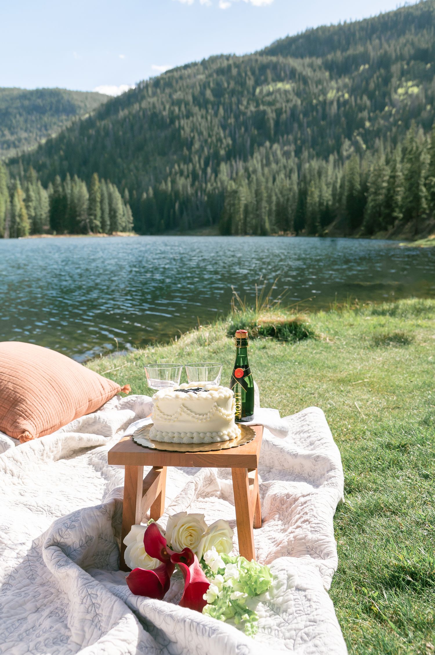 Romantic lakeside picnic setup with white cake, champagne bottle, and roses on blanket with mountain forest backdrop at Officer's Gulch CO