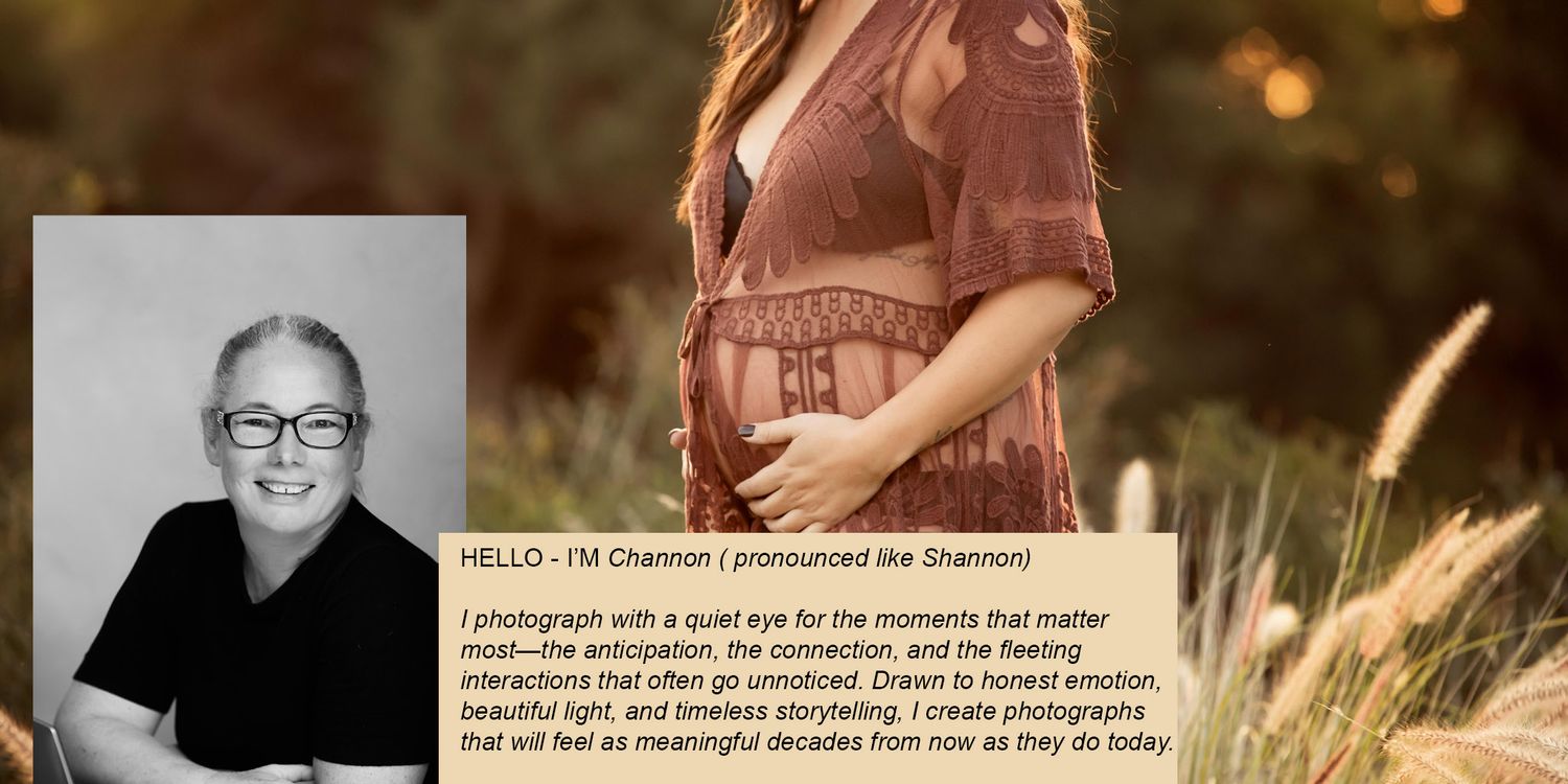 Pregnant woman in golden field at sunset beside photographer TM Channon's black and white portrait and studio bio text.
