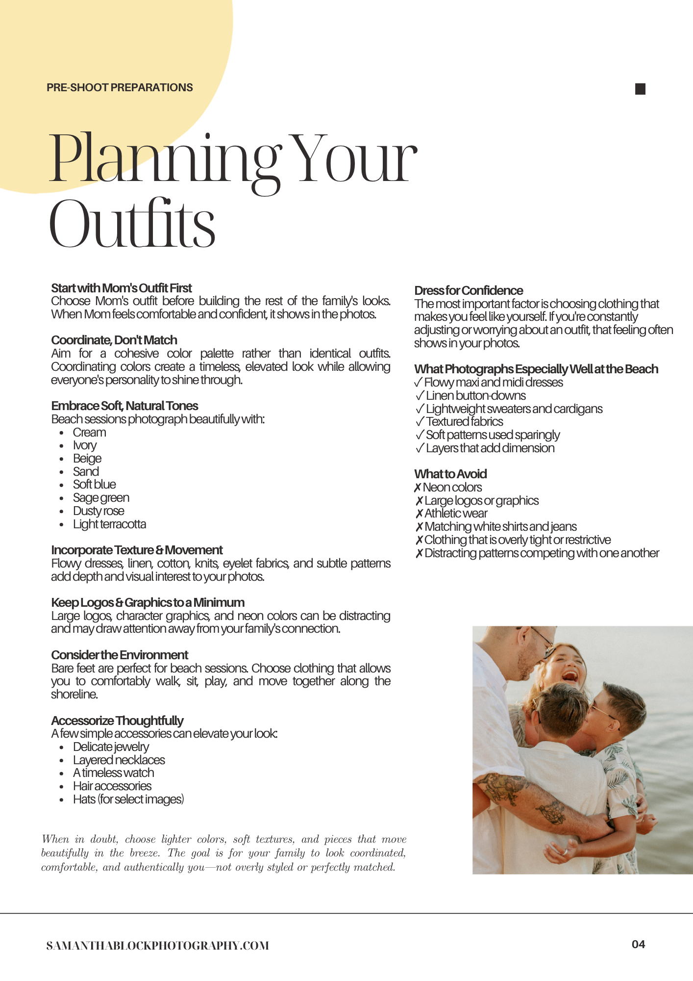 A photography guide page titled Planning Your Outfits with styling tips for photoshoots on a white background.