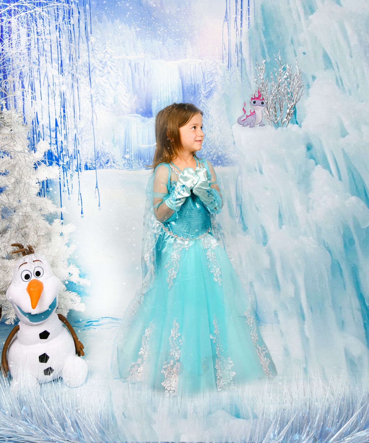 Young girl in Elsa costume and crown touches a glowing ice horse in a magical frozen winter wonderland.