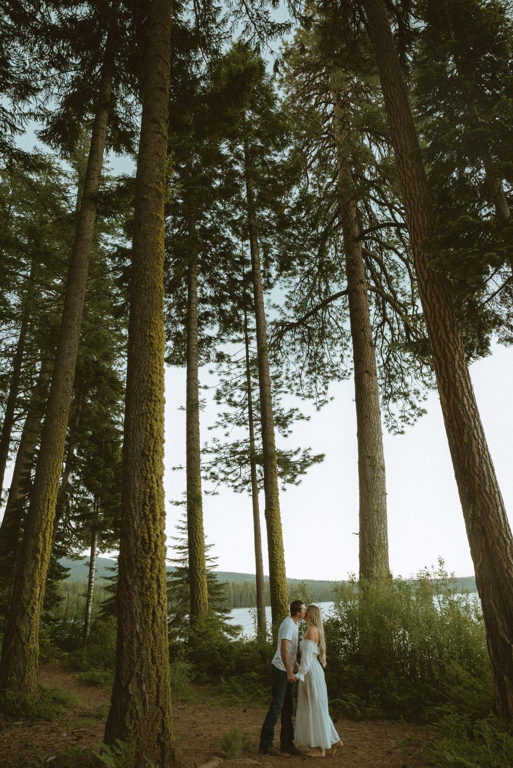 Couple embracing among tall pine trees in a forest with a lake visible in the background during their outdoor wedding.