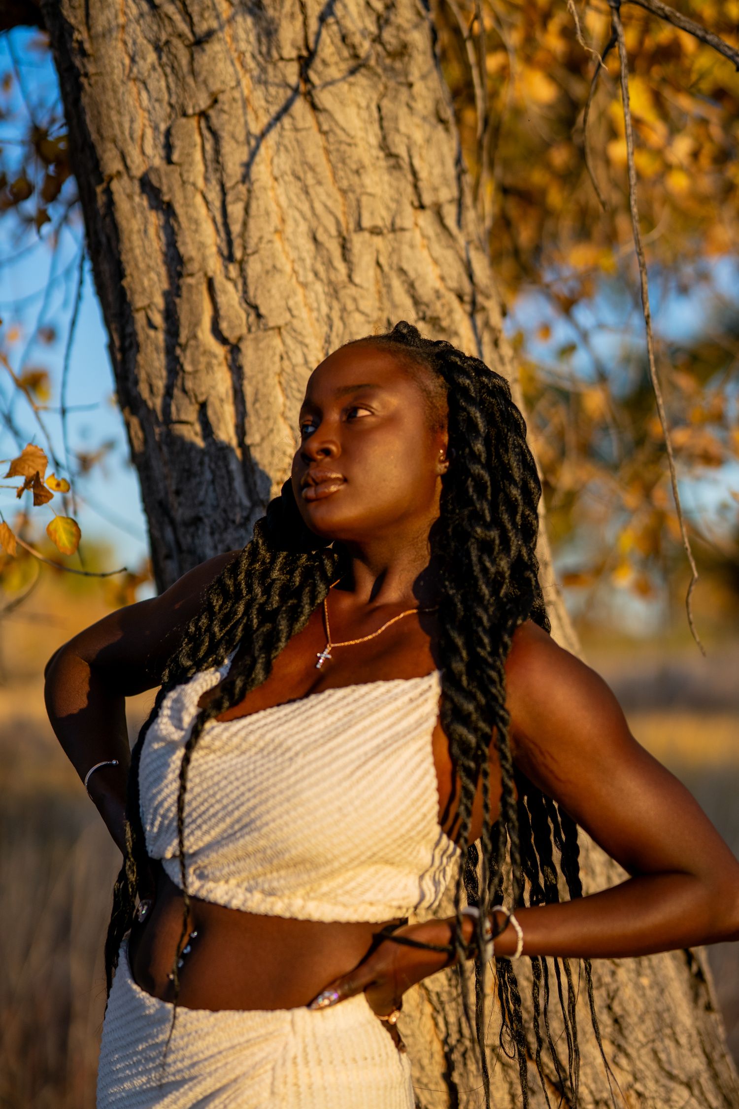 Young Black woman with long braids in white crop top leans against tree trunk in golden autumn sunlight.