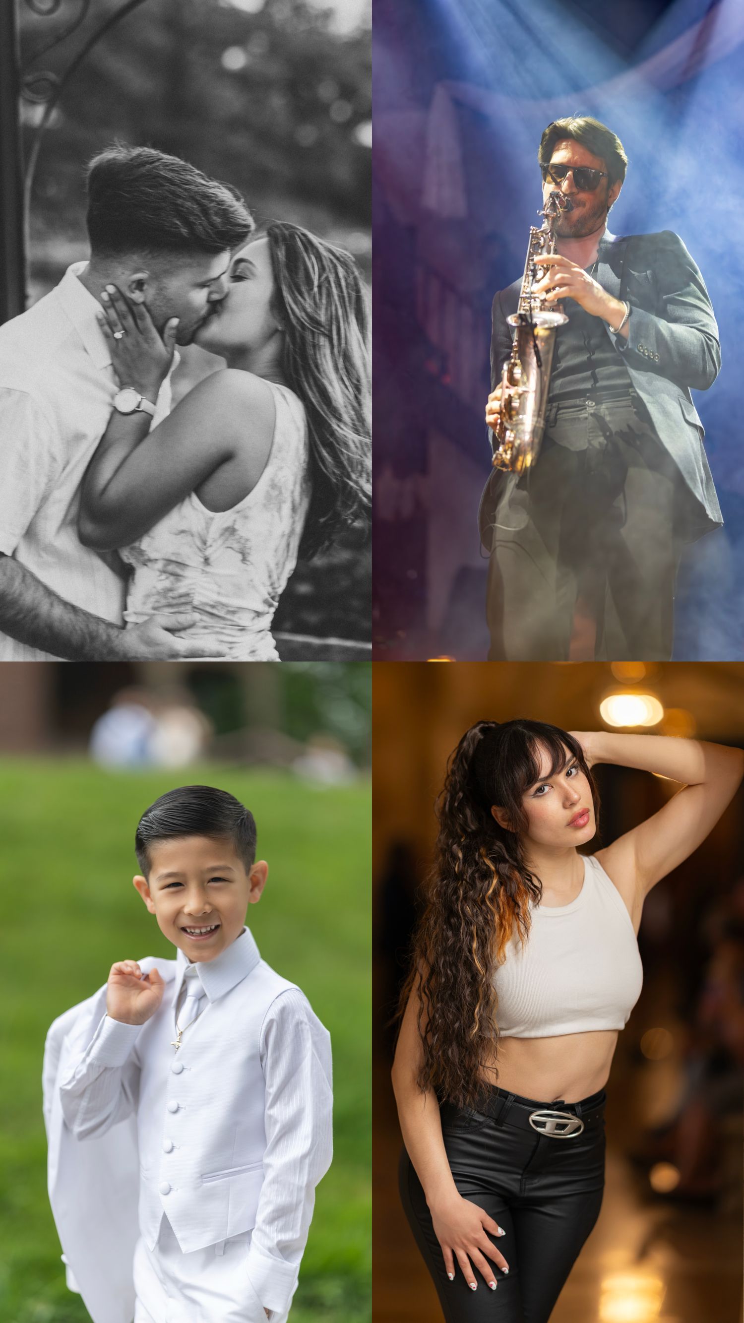 A collage of four professional children and family portraits including toddlers, a baby, a girl in white dress, and a family pose.