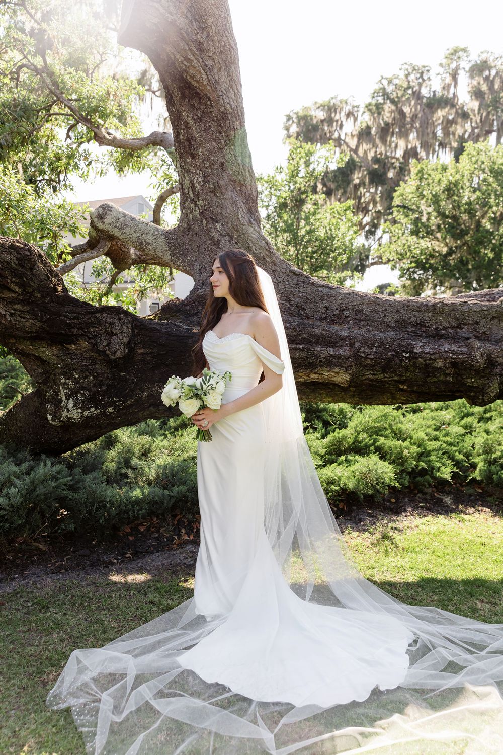 Bride in white off-shoulder gown with long veil poses beside large oak tree holding bouquet outdoors.