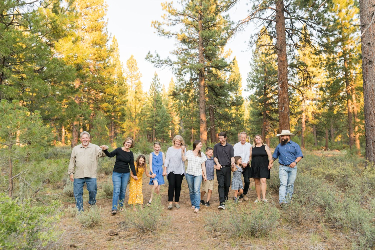 Large family group walking together through a sunlit pine forest on a dirt path during golden hour.