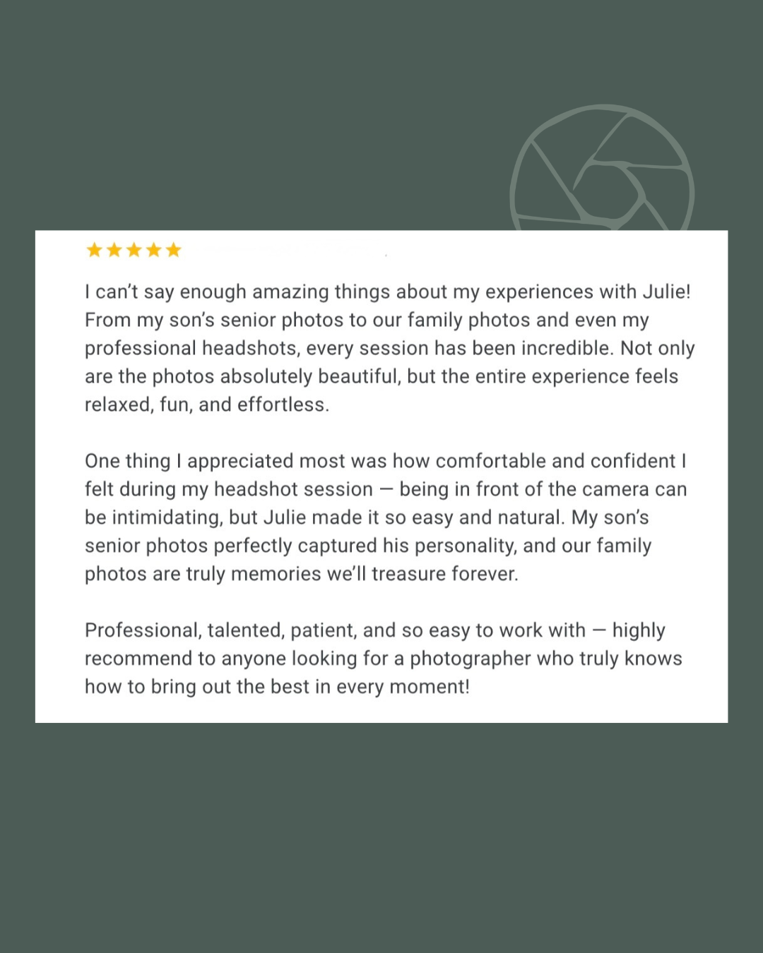 Two five-star customer reviews praising Sacred Sage Photography and photographer Julie for outstanding portraits and professionalism.