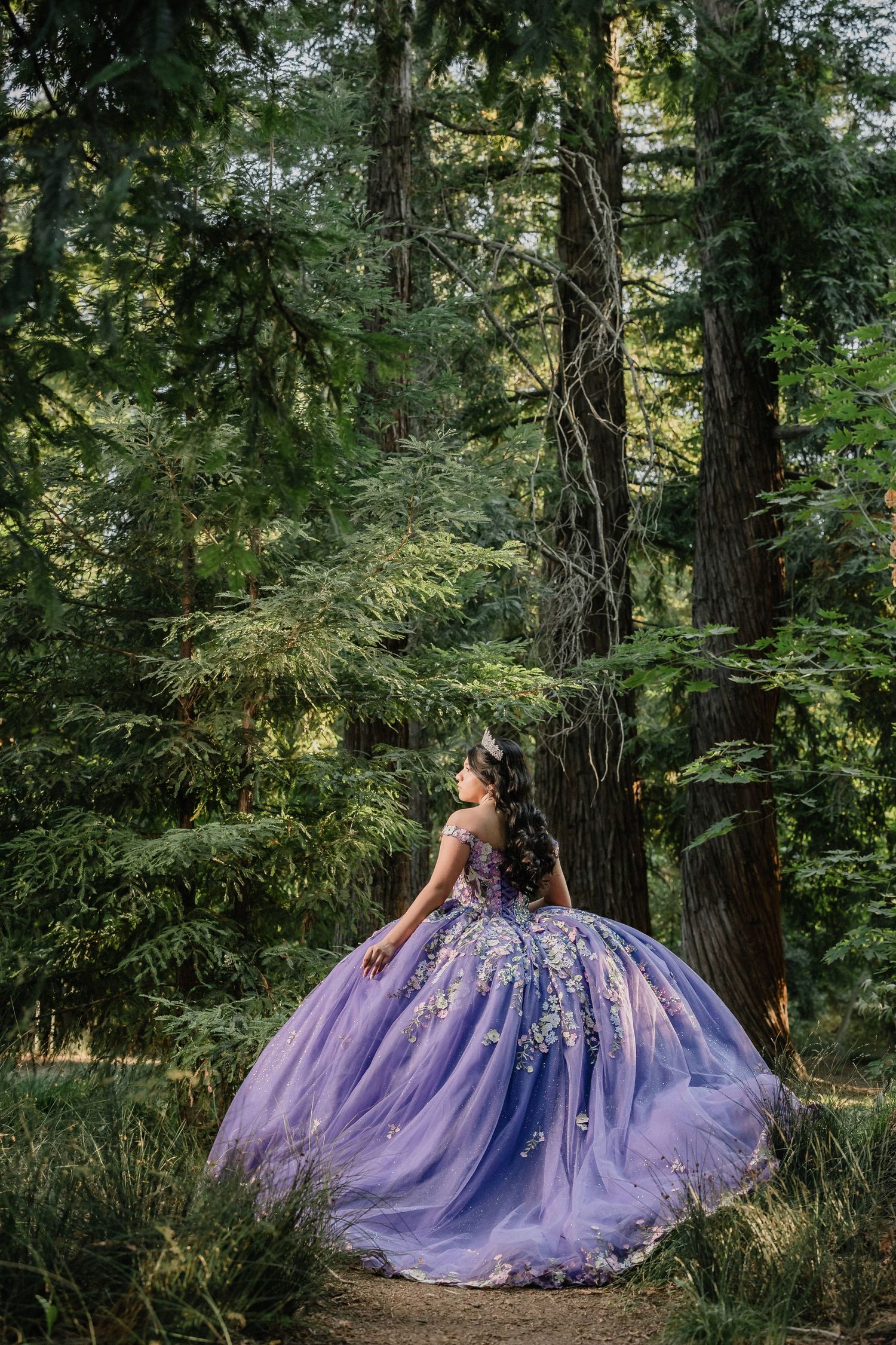 Young woman in lavender quinceañera ball gown with floral details poses gracefully in a lush forest setting.