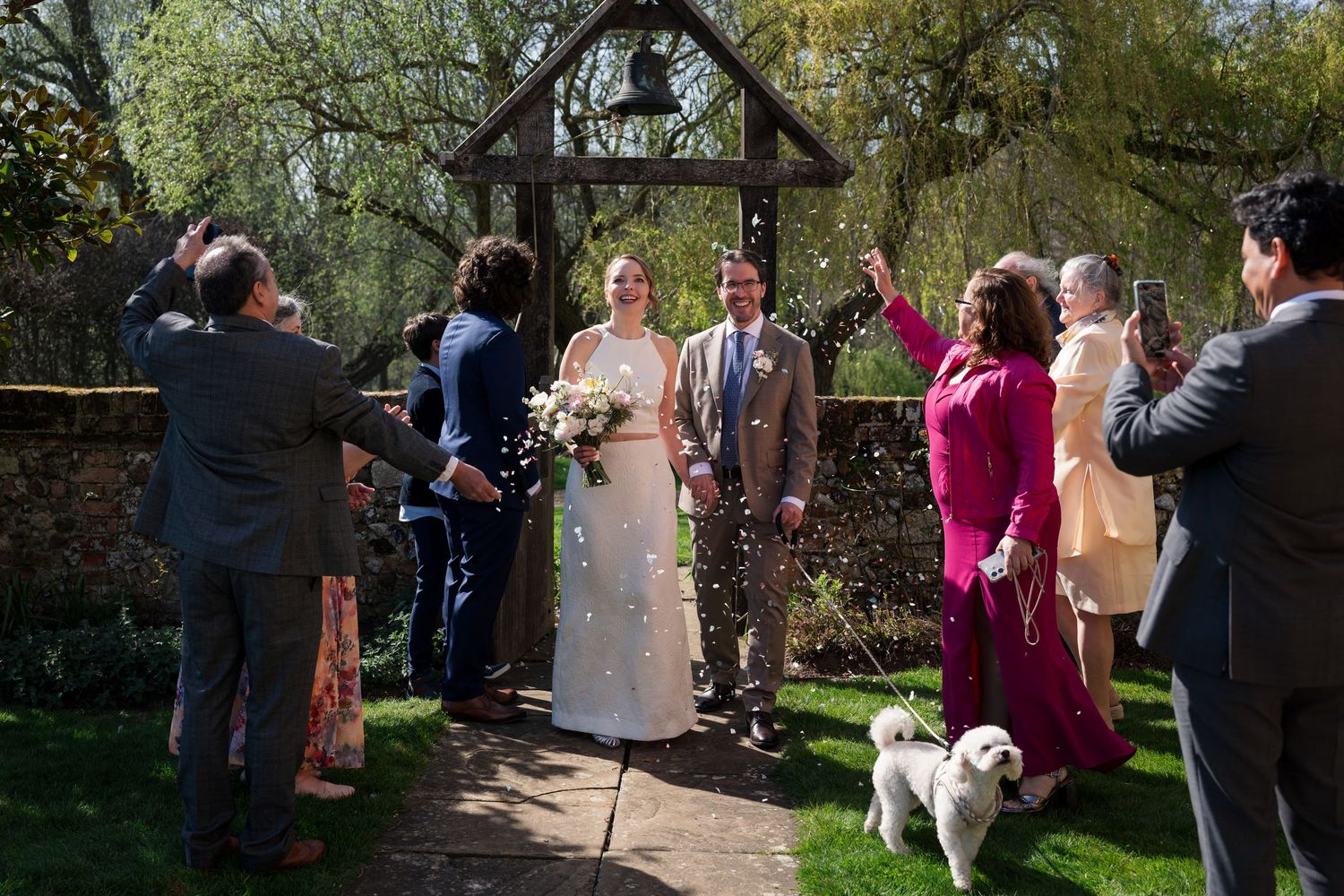 Bride and groom walk down outdoor aisle as guests throw confetti at sunny garden wedding ceremony with white dog.