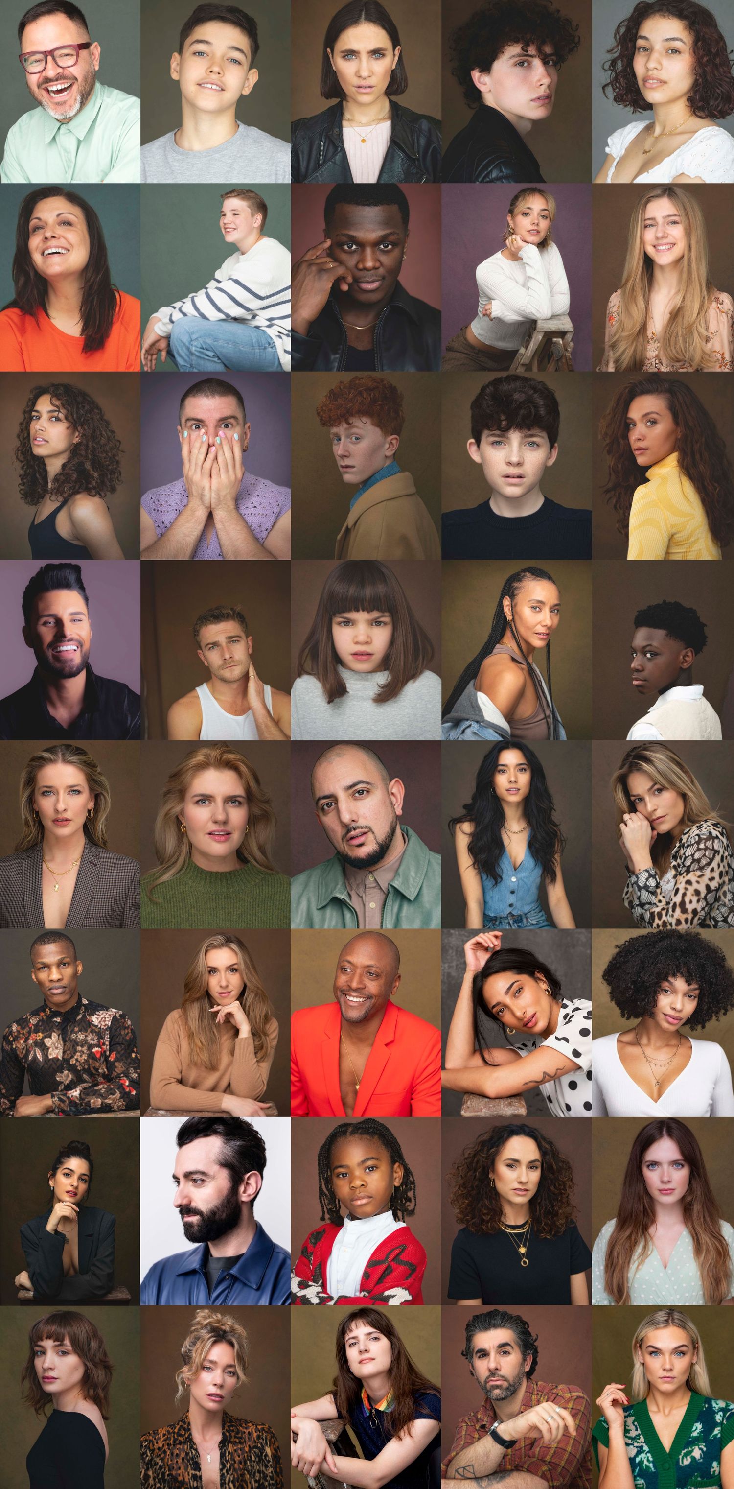 Grid collection of professional headshots and portraits against various colored backgrounds.