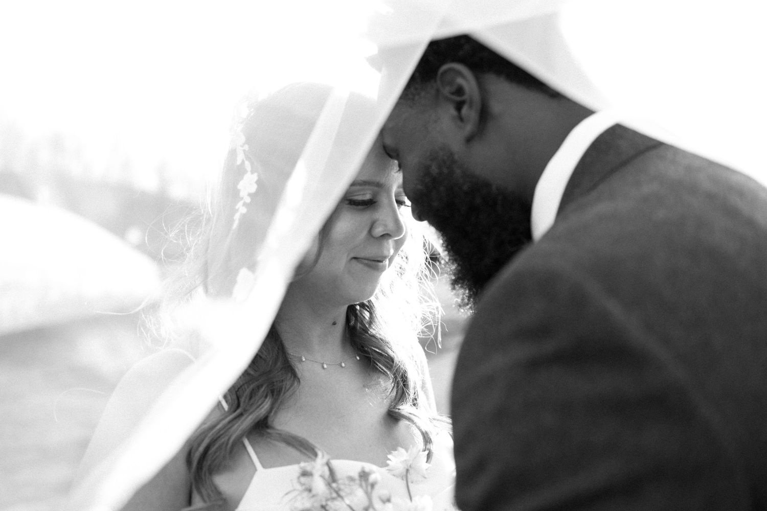 Black and white closeup of tender moment between bride and groom under wedding veil in califon nj.
