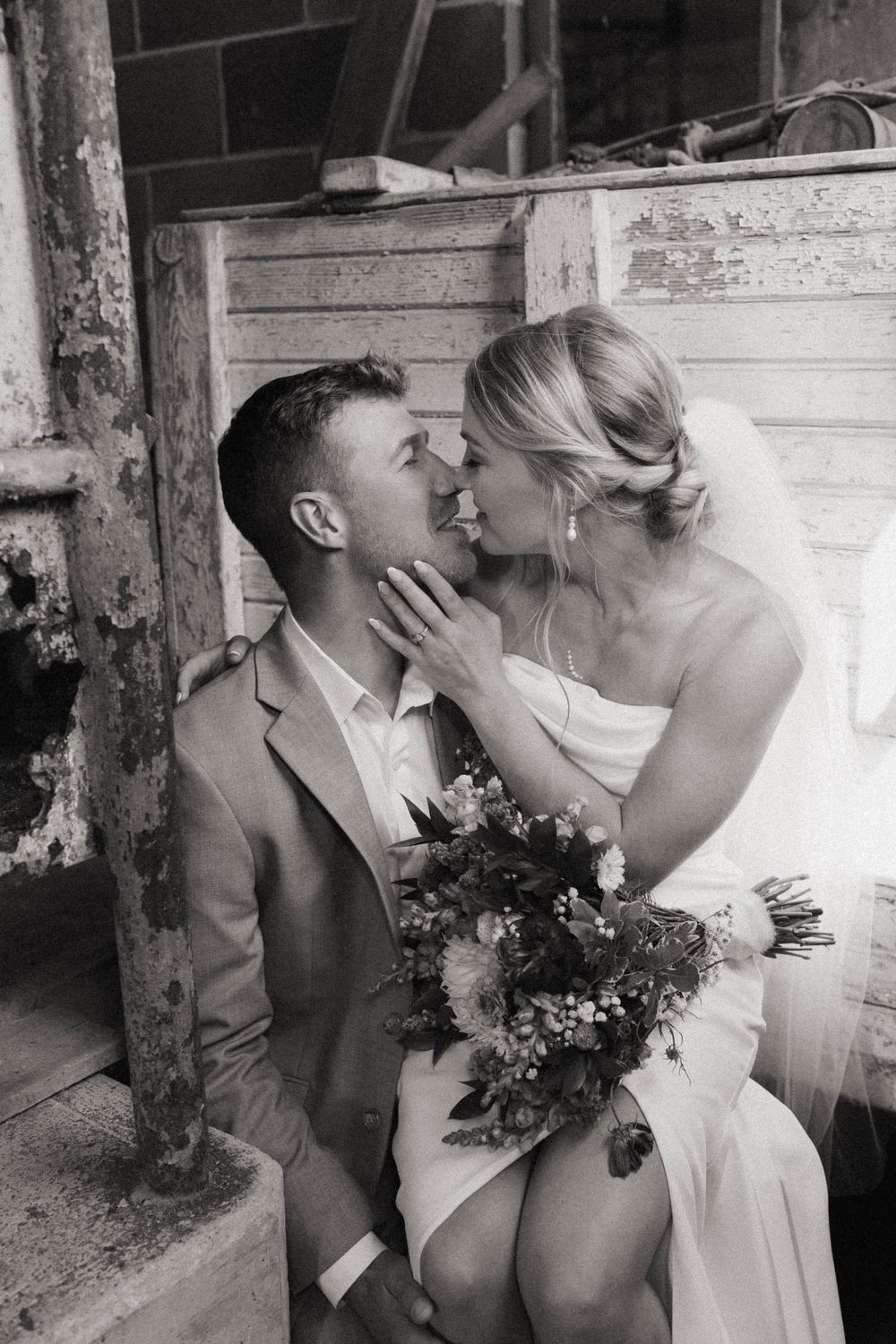 intimate candids of bride and groom on a farm