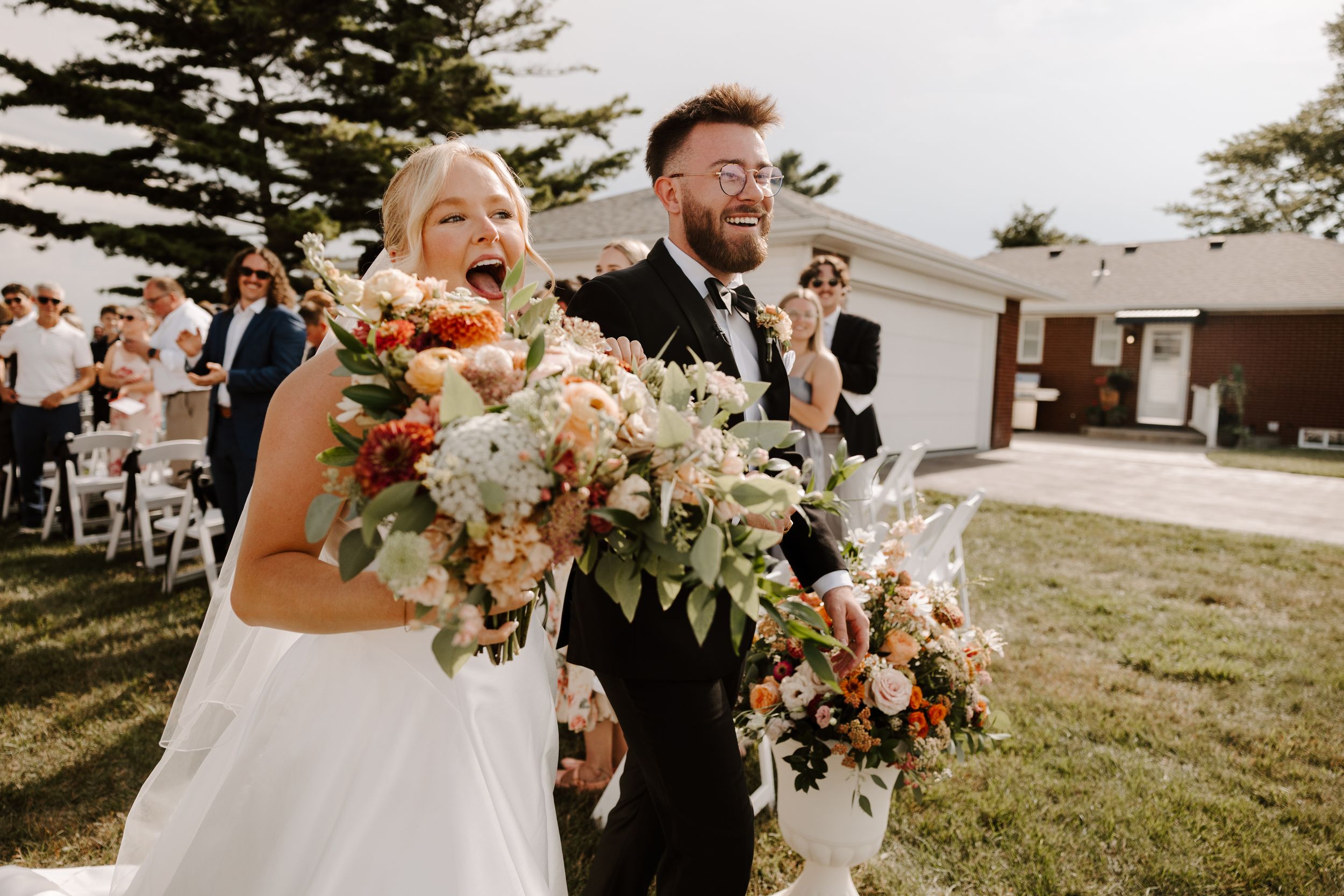 A series of wedding photos showing romantic moments and floral arrangements in warm sunlight at an outdoor celebration.