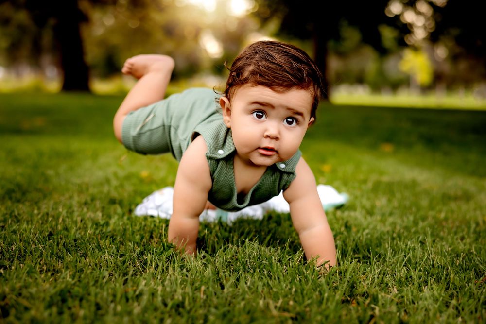 A young child crawls and explores on a lush green grass lawn in the sunlight.