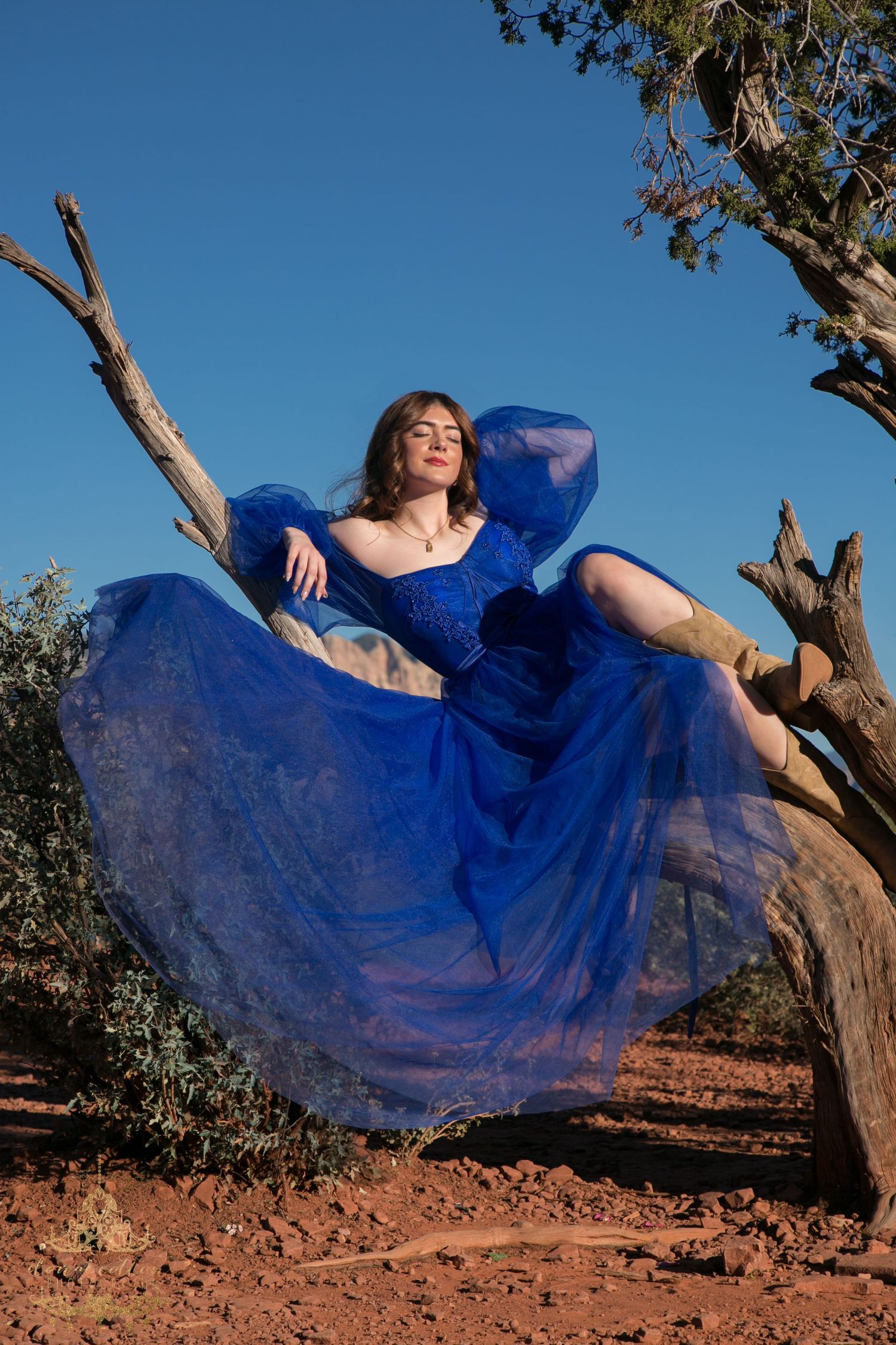 Woman in flowing royal blue tulle gown reclines on rustic desert tree under vivid blue sky.