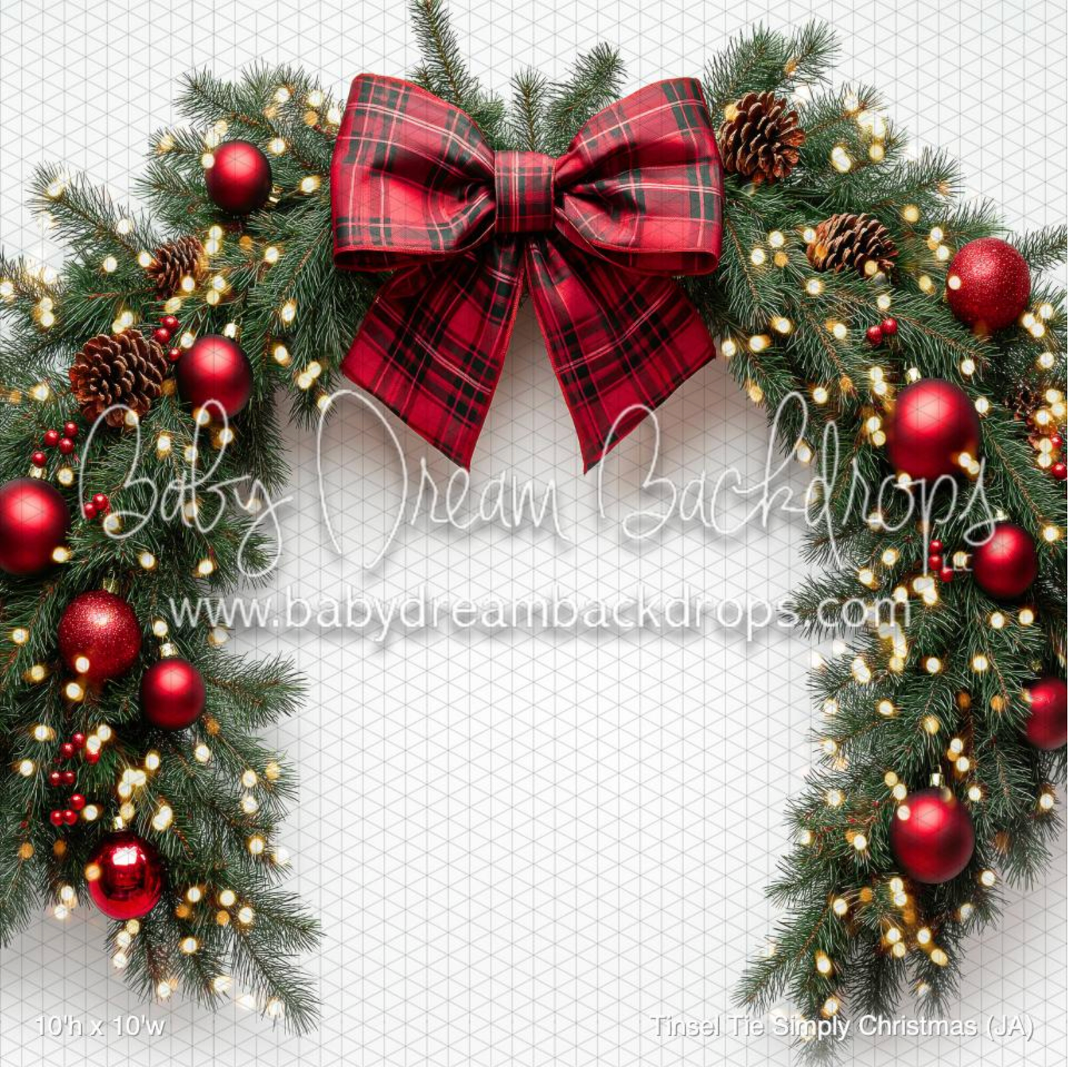 Christmas wreath with red ornaments and plaid bow decorated with pine cones and lights.