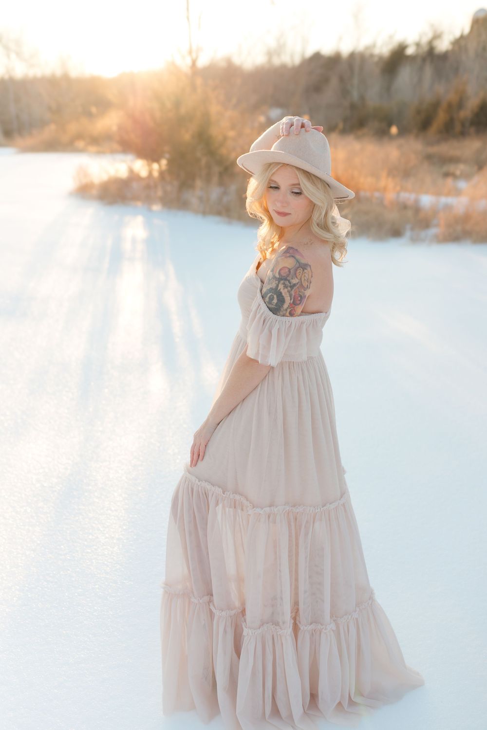 woman in dress in snow in Culpeper Virginia