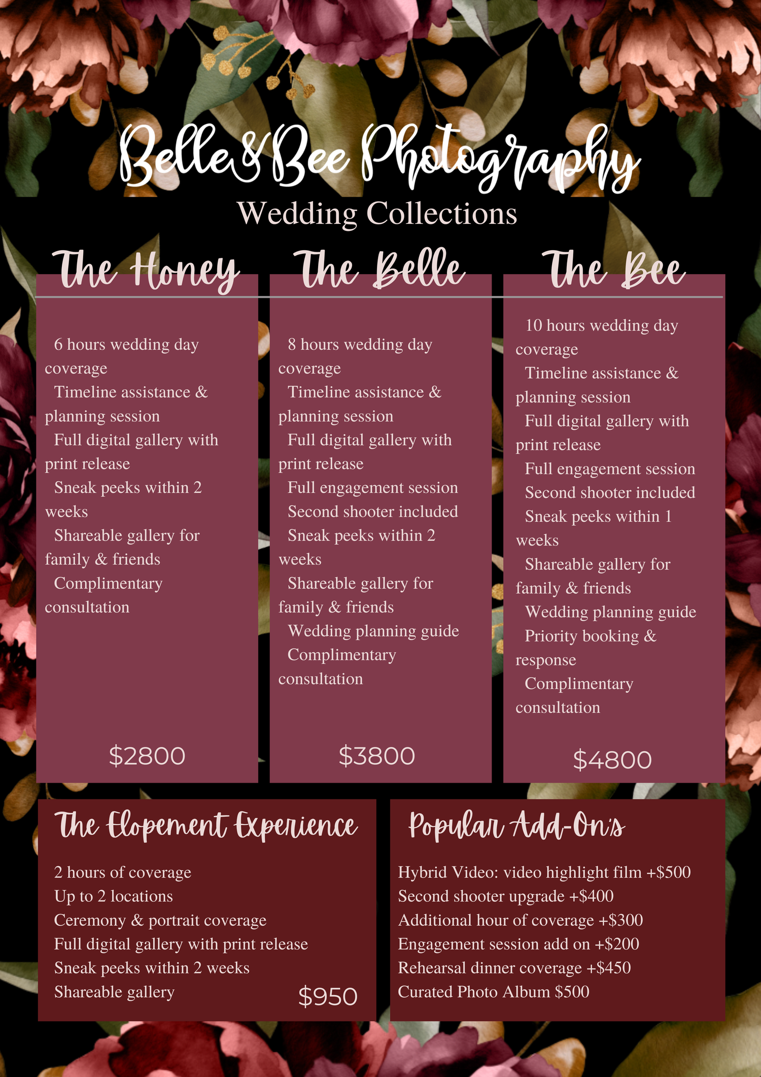 Wedding photography pricing packages and services menu for a top Northwest Ohio wedding photographer.