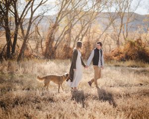 A romantic engagement photoshoot in a golden field during sunset with natural light.