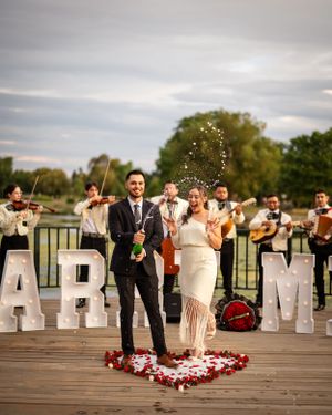 Wedding party poses with large white 'MARRY ME' letters on a wooden dock at sunset.