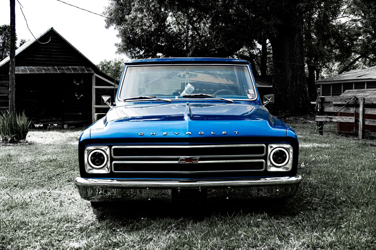 Classic blue Ford Galaxie 500 photographed in segments showing front grill, side profile and rear details.