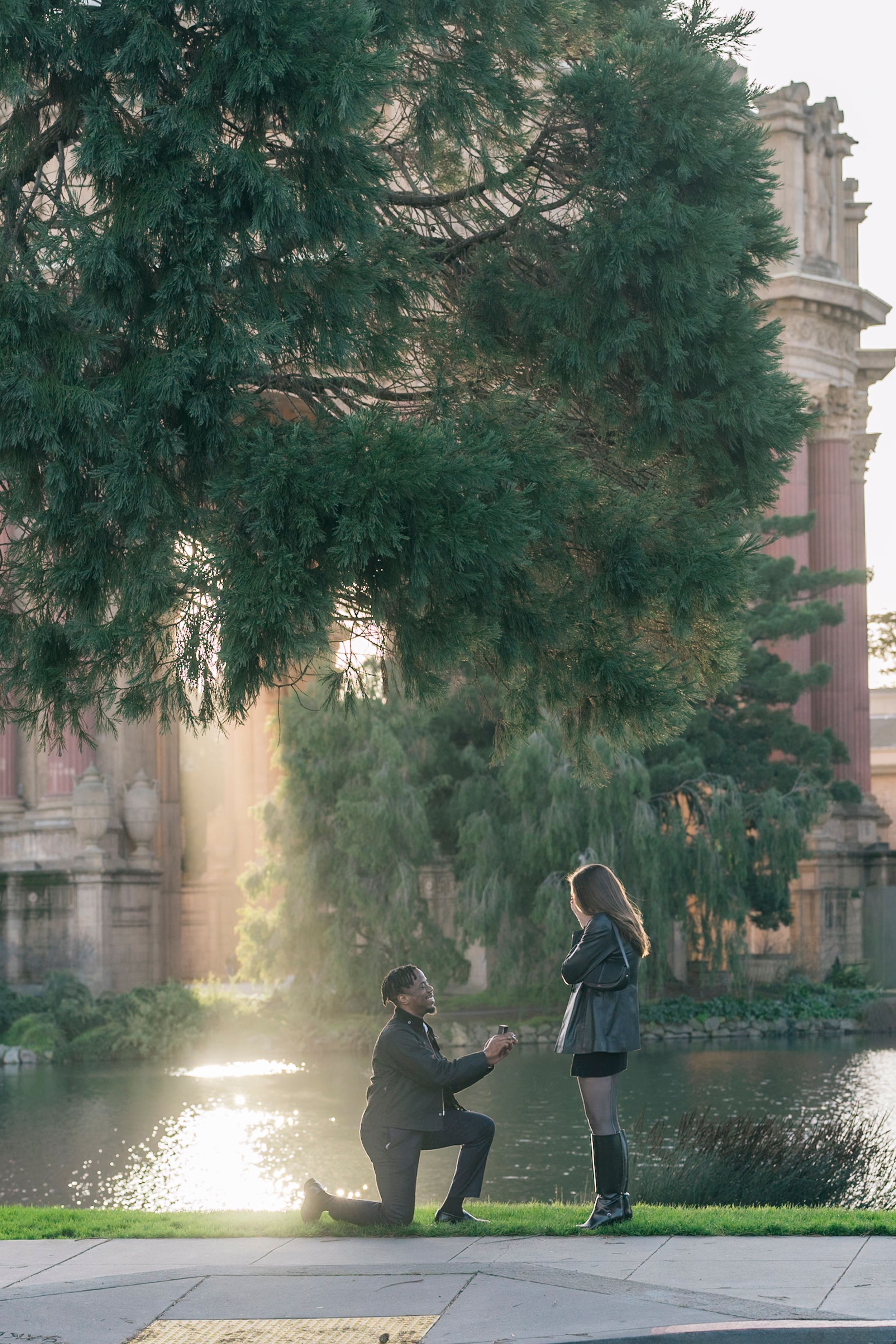 Man proposing on one knee at the Palace of Fine Arts in San Francisco.