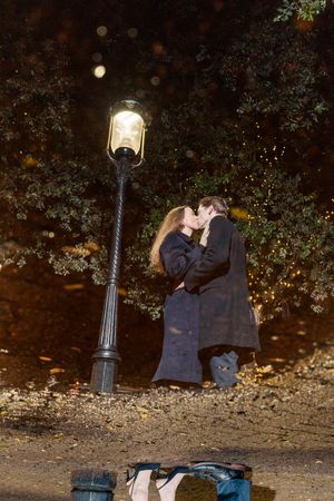 Couple kissing under a glowing street lamp in a park at night.