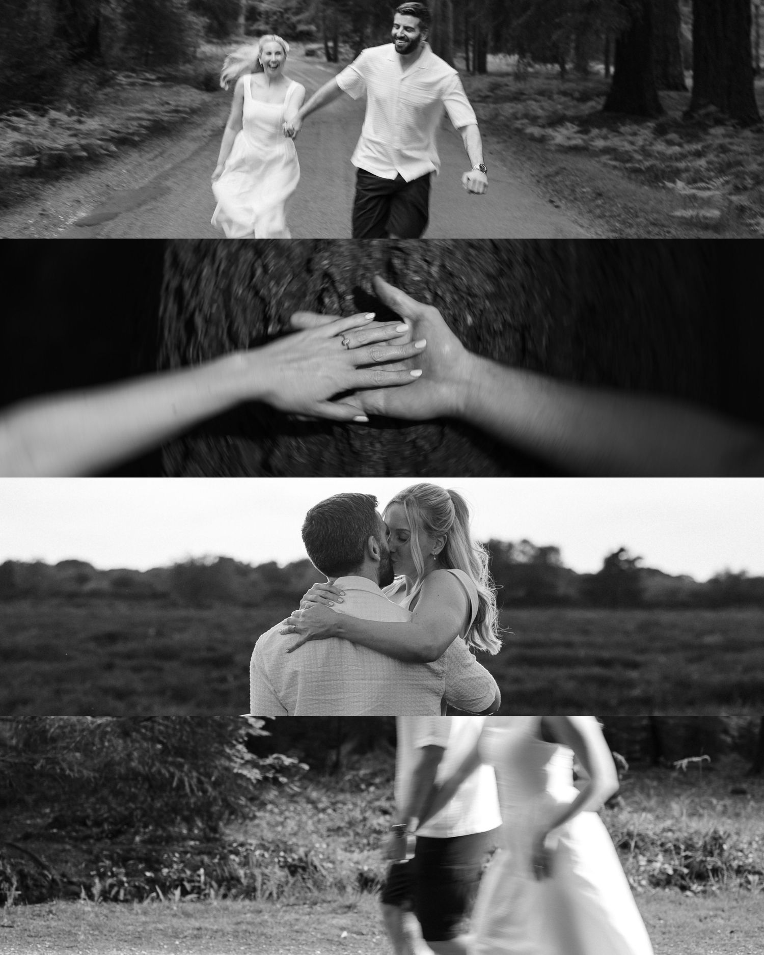 Black and white collage of a couple running, holding hands showing engagement ring, and embracing in a field.