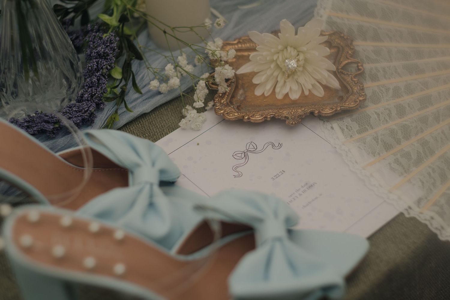 details of elopement wedding including ring, flowers and invites